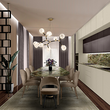 AGRA III DINING TABLE, TELLUS DINING CHAIR, DALYAN DINING CHAIR, HORUS IRREGULAR BIG SUSPENSION LIGHT